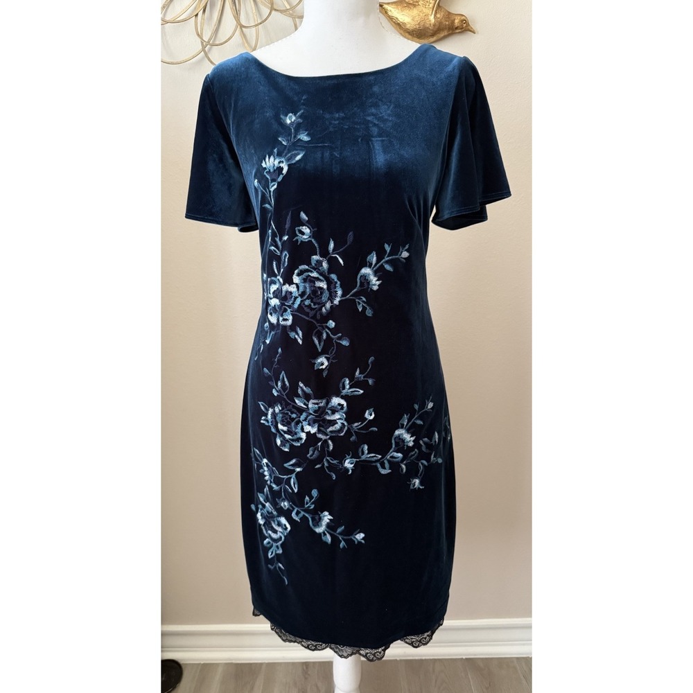 White House Black Market Velvet Dress S River Teal Floral Embroidered Lace WHBM